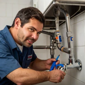 a guy performing maintenance on a garbage disposal