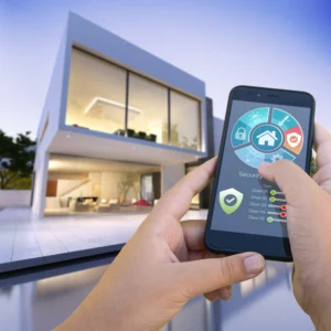 hands holding a smartphone showing an app for controlling different aspects of a house